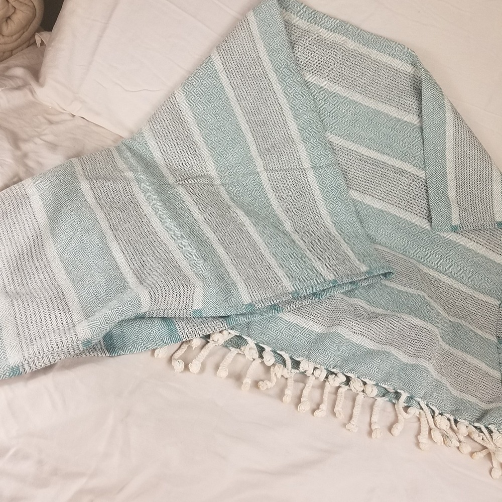 World Market Throw‎ Blanket Teal White Excellent Geometric Tassel Boho ultrasoft